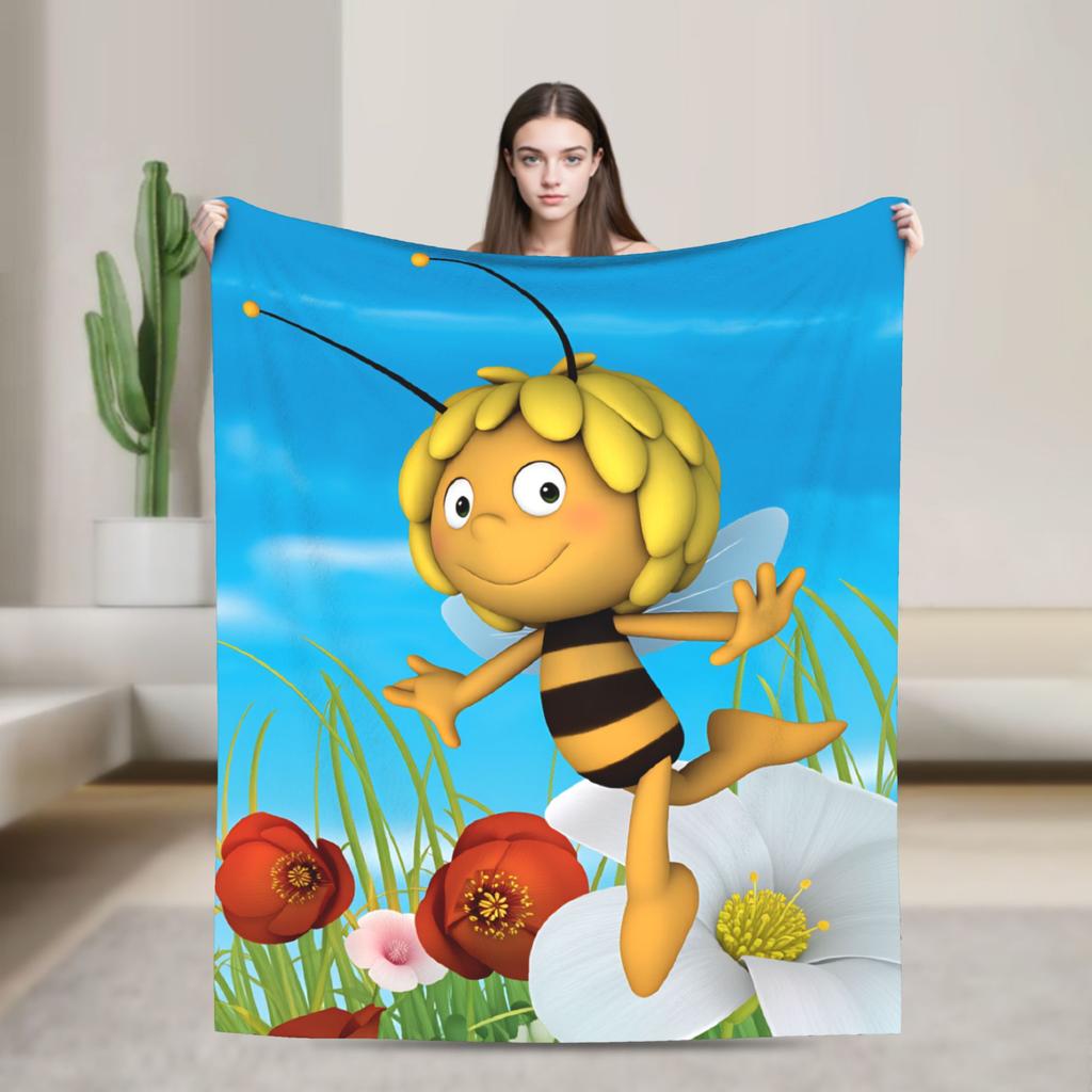 Maya The Bee With Flowers Blanket Cartoon Soft Comfortable Plush Throw Blanket For Couch Bed Camping Flannel Bedspread Bed Cover