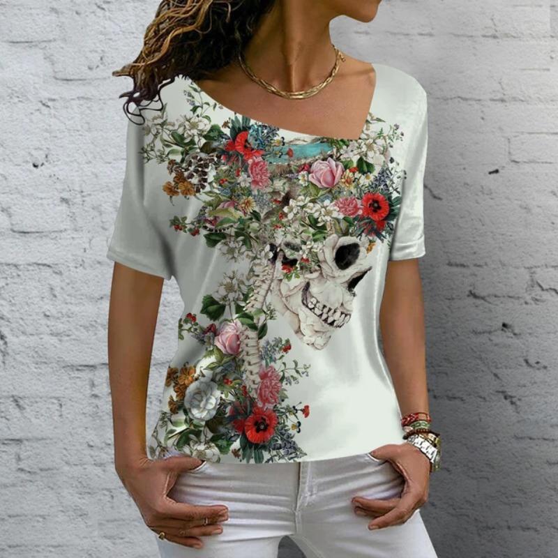 Vintage Skull Women's T Shirt 3D Printed Skew Collar Blouses Casual Short Sleeve Pullover Tops Summer Oversized Clothes Tees