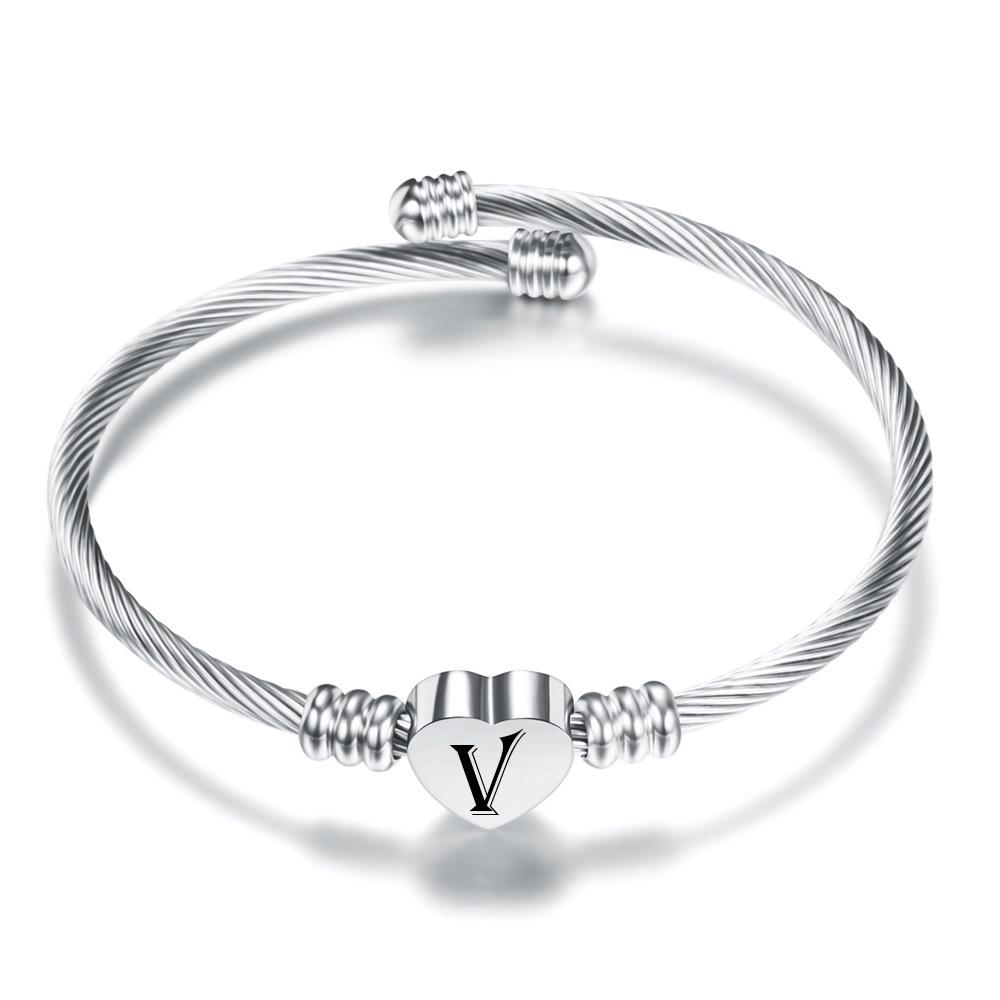 Popular European and American Heart-Shaped Bracelet with 26 Letters and Dice Font In Stainless Steel Wire.