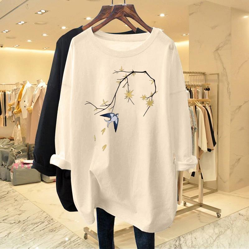 Women's Round Neck Long Sleeve Top Loose Fit Korean Style Cotton Bird Branch Print Tunic Tee New Chinese Design Plus Size Casual Summer Basic Blouse