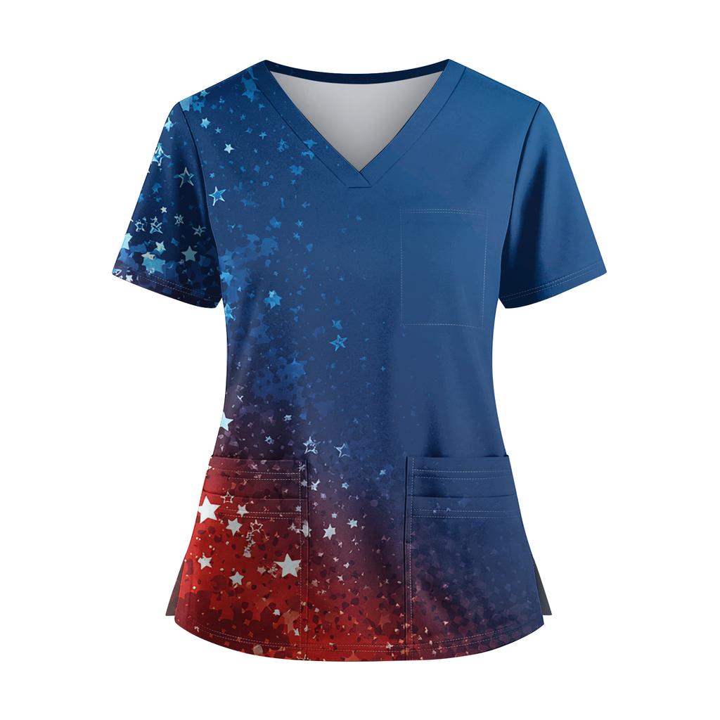 Women's Independence Day Print V-Neck Double Pocket Short Sleeve Uniform with Slit Hem - Caregiver Top