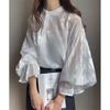 Women's Floral Jacquard Sheer Stand Collar Puff 3/4 Sleeve Oversized Casual Blouse Loose Chiffon Shirt Top
