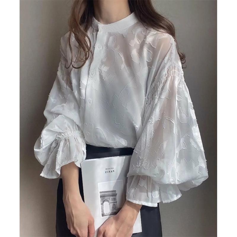 Women's Floral Jacquard Sheer Stand Collar Puff 3/4 Sleeve Oversized Casual Blouse Loose Chiffon Shirt Top