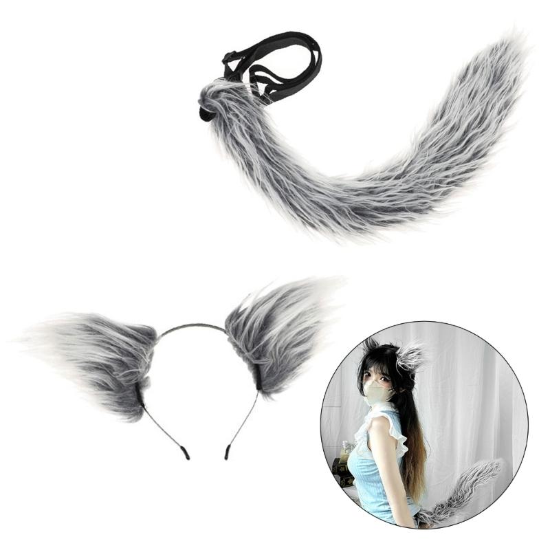 Wolf Tail Adjustable Belt Foxes Ears Hairband Plush Animal Tail Halloween Cosplay Accessories for Carnivals Parties