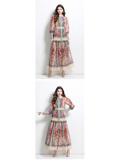 Elegant Classical Court Style Spring 2025 Printed Cinched-Waist Long Dress