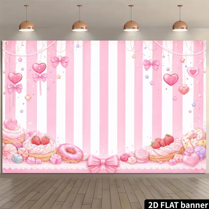 2D Cute Pink Candy Shop Backdrop Sweets Donut Party Photography Background