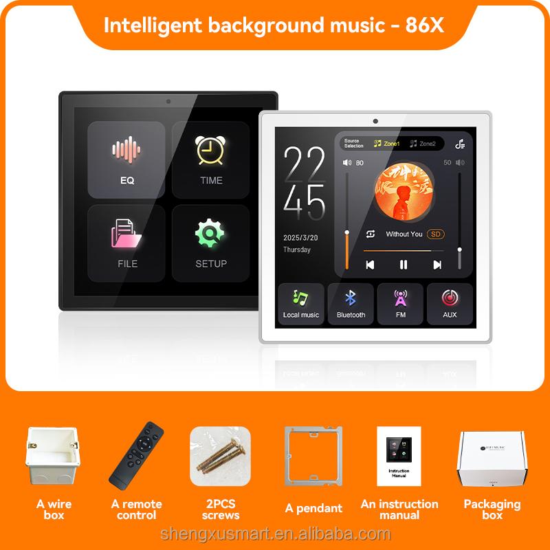 86-Type Smart Background Music Controller 2-Zone Touchscreen BT/FM/AUX/TF/USB Multi-Room Home Villa