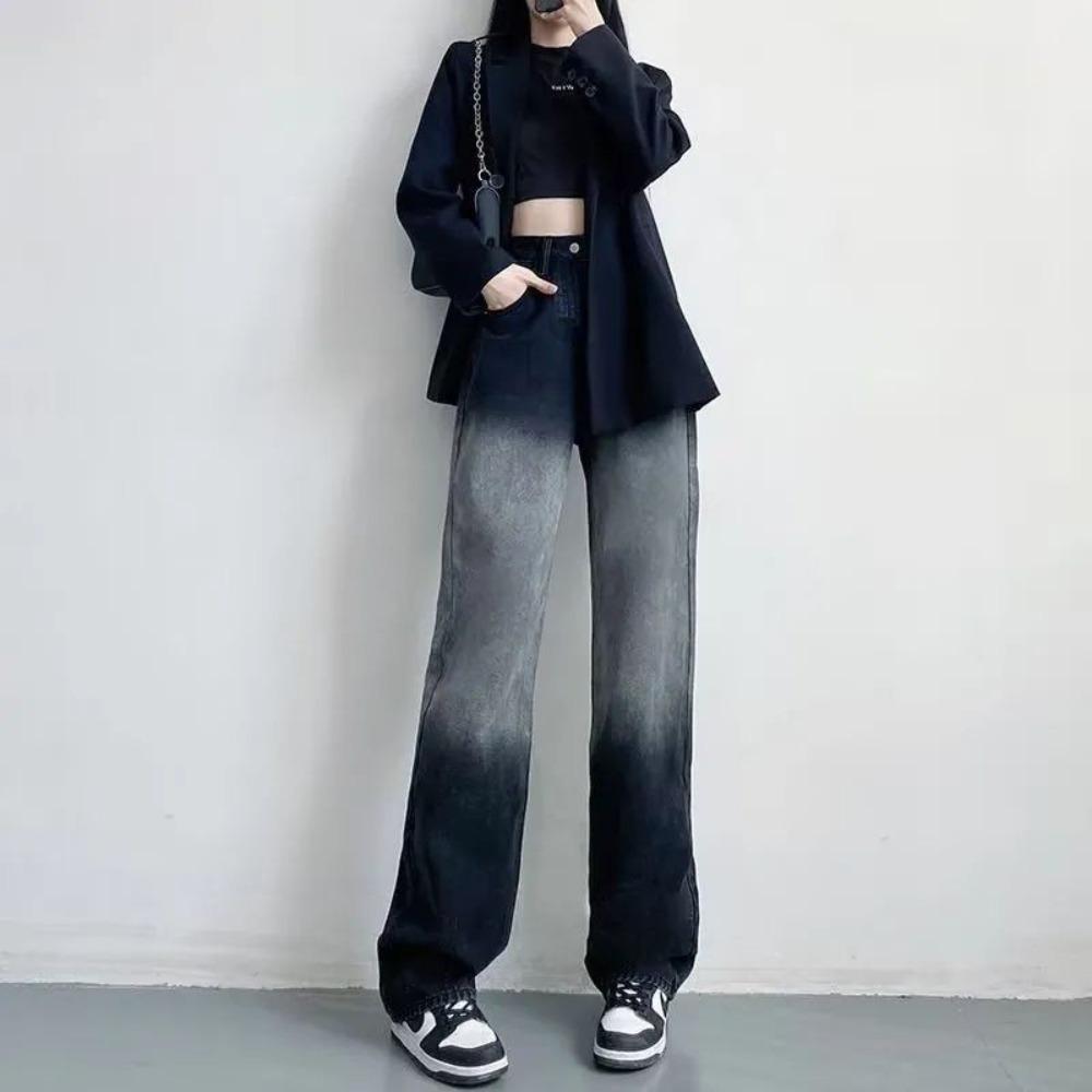 High Street Gradual Change Washed Jeans Women's Spring and Autumn Niche Design Sense Cover Hip Personality Mopping Wide Leg Jeans