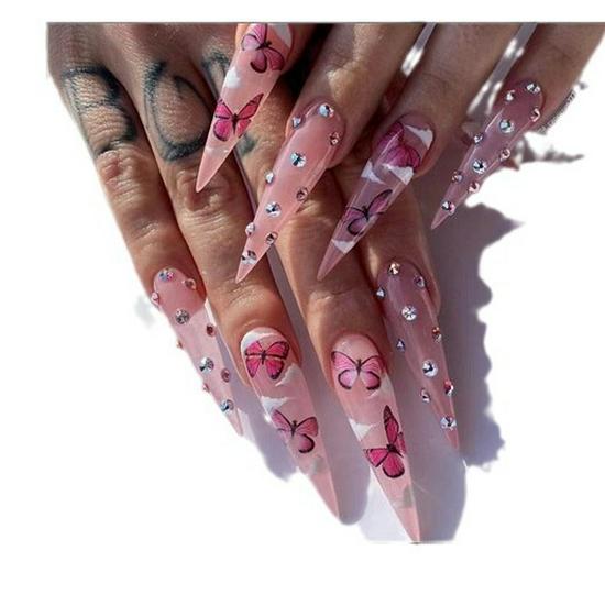 O2 Long Wearable Removable Nail Patches: Pointed Press-On False Nails for Nail Art