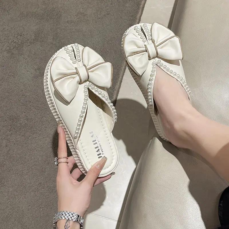 Fashion Round Toe Fish Shoes Mules Home Slides with Bow Indoor House Off White Pearl Outside Cute Women's Slippers and Ladies Sandals W
