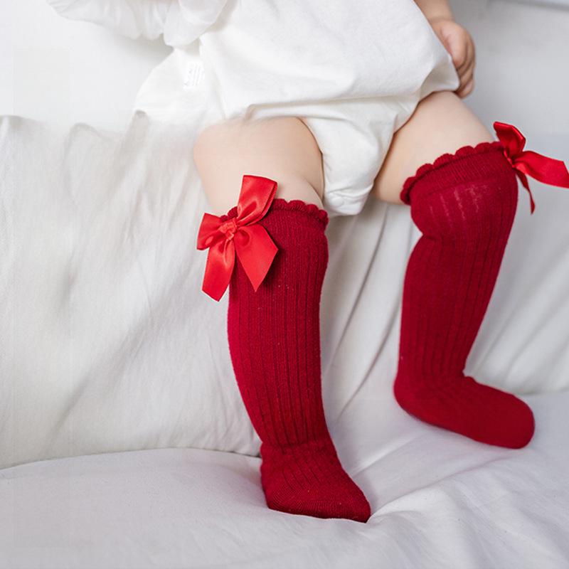Spanish Pink Knee-High Baby Socks with Large Bow for Girls