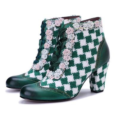 Women's High Heels Retro Genuine Leather Splicing Weaving Grid Pattern Flower Lace Short Boots