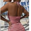 Thai Lace-Up Halter Backless Pleated Bodycon Dress for Women