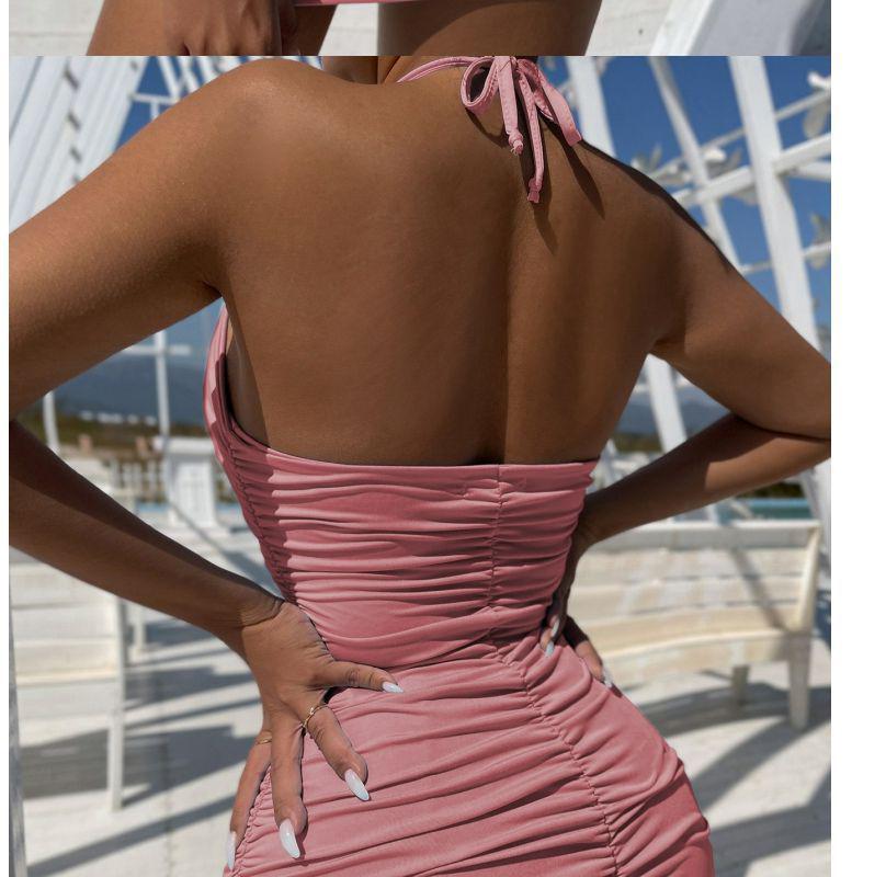 Thai Lace-Up Halter Backless Pleated Bodycon Dress for Women