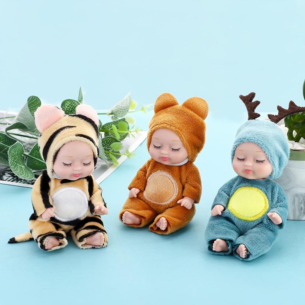 Mini Rebirth Doll 4.3 Inch Cute Animal Doll Deer/Bee/Bear/Giraffe/Tiger/Rabbit Washable PVC Material Forced Clothes and Hat Toys