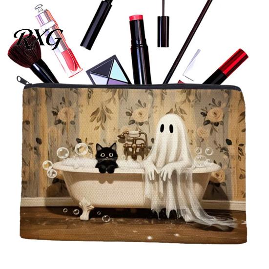 Cartoon Brush Holder Halloween Theme Cosmetic Bag, Durable Canvas Zipper Makeup Pouch, Digital Print Pouch Portable Storage for Stationery And