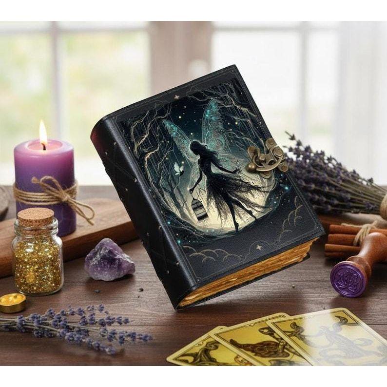 Fairy Leather Grimoire – Handmade Book of Shadows with Lock Positivity Gift