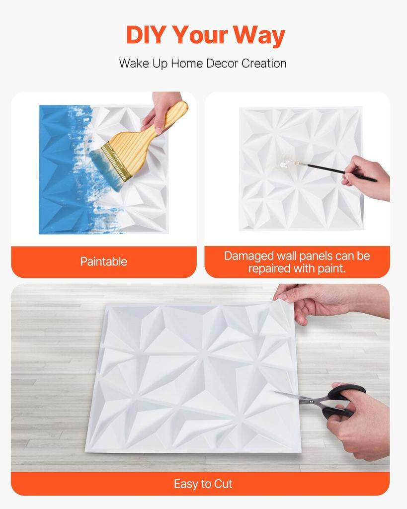 3D Wall Panels 33-Pack 11.81x11.81'' PVC 32 Sq.Ft Coverage Diamond White