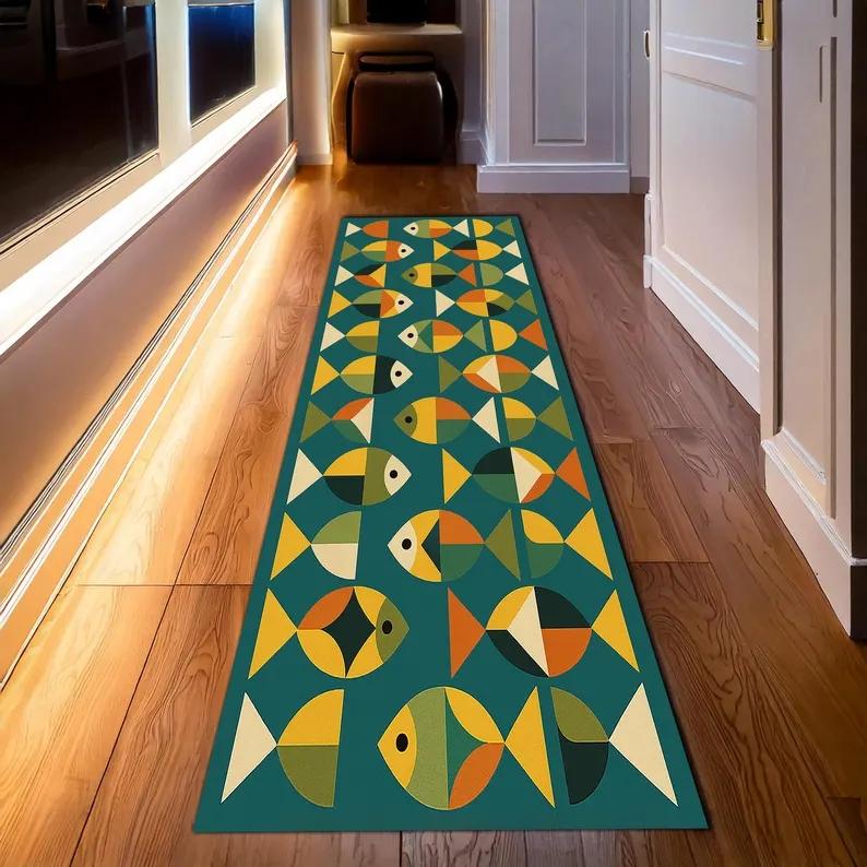 Colorful Fish Runner Rug Playful Cartoon Fish Long Carpet Ocean Theme Non-Slip Floormat Fun Home Decor for Hallway Living Room