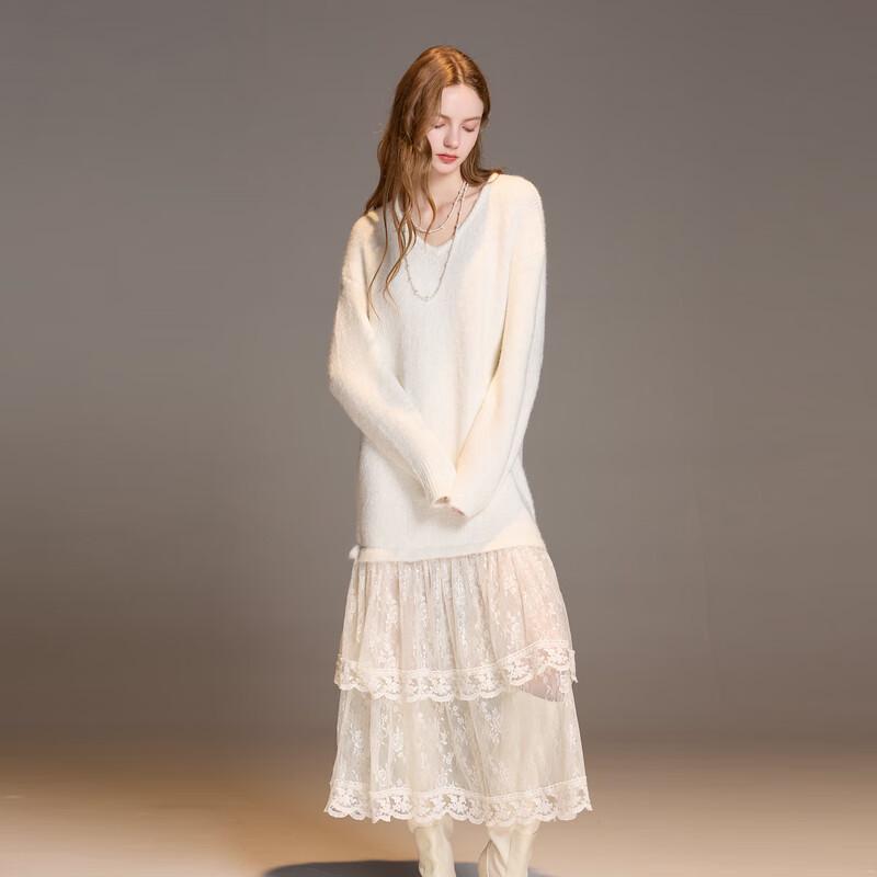 Sancai 2025 Winter V-Neck Knitted Faux Two-Piece Lace Dress