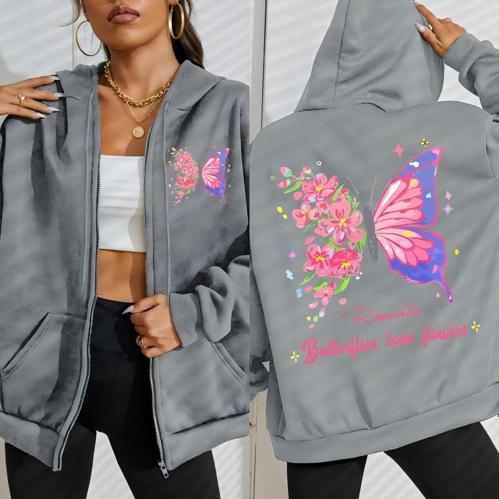 Butterflies Love Flowers Colorful Pattern Women Zipper Hoodies Y2K Loose Hoody Zip-Up Fleece Hoodie Autumn Clothing