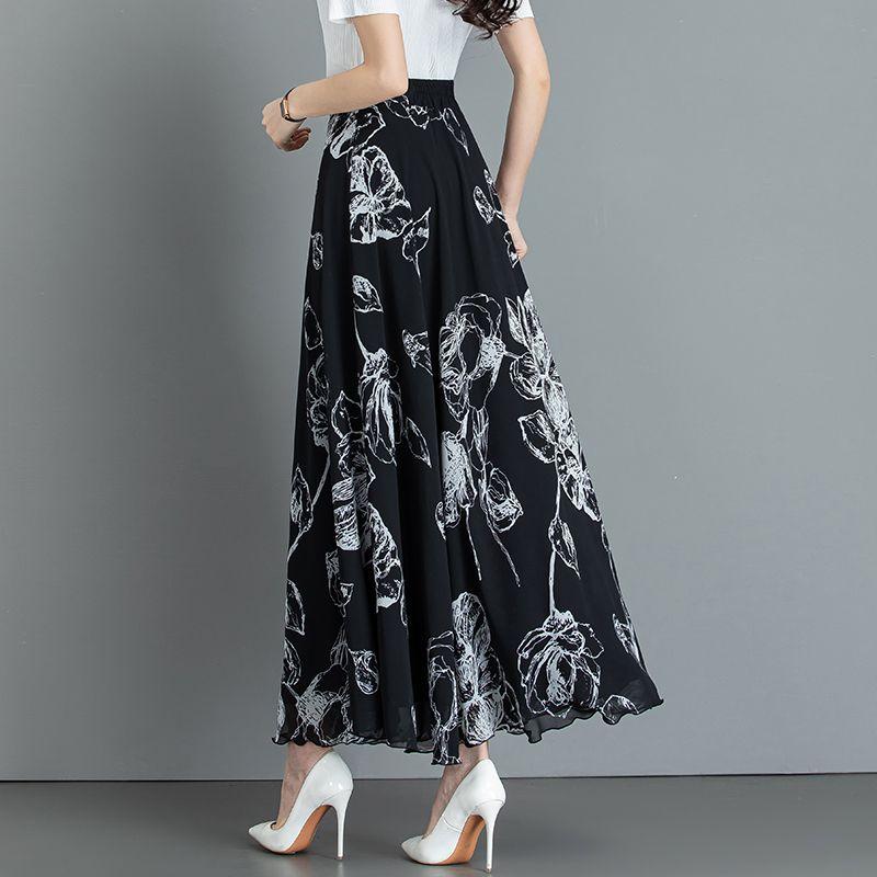 New Summer Retro Ethnic Style Ink-print Chiffon Skirt Women's Long Skirt High Waist A-line Skirt