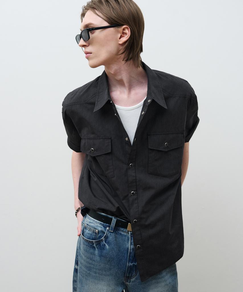 DRAW FIT Luce Striped Half Western Shirt [Black]