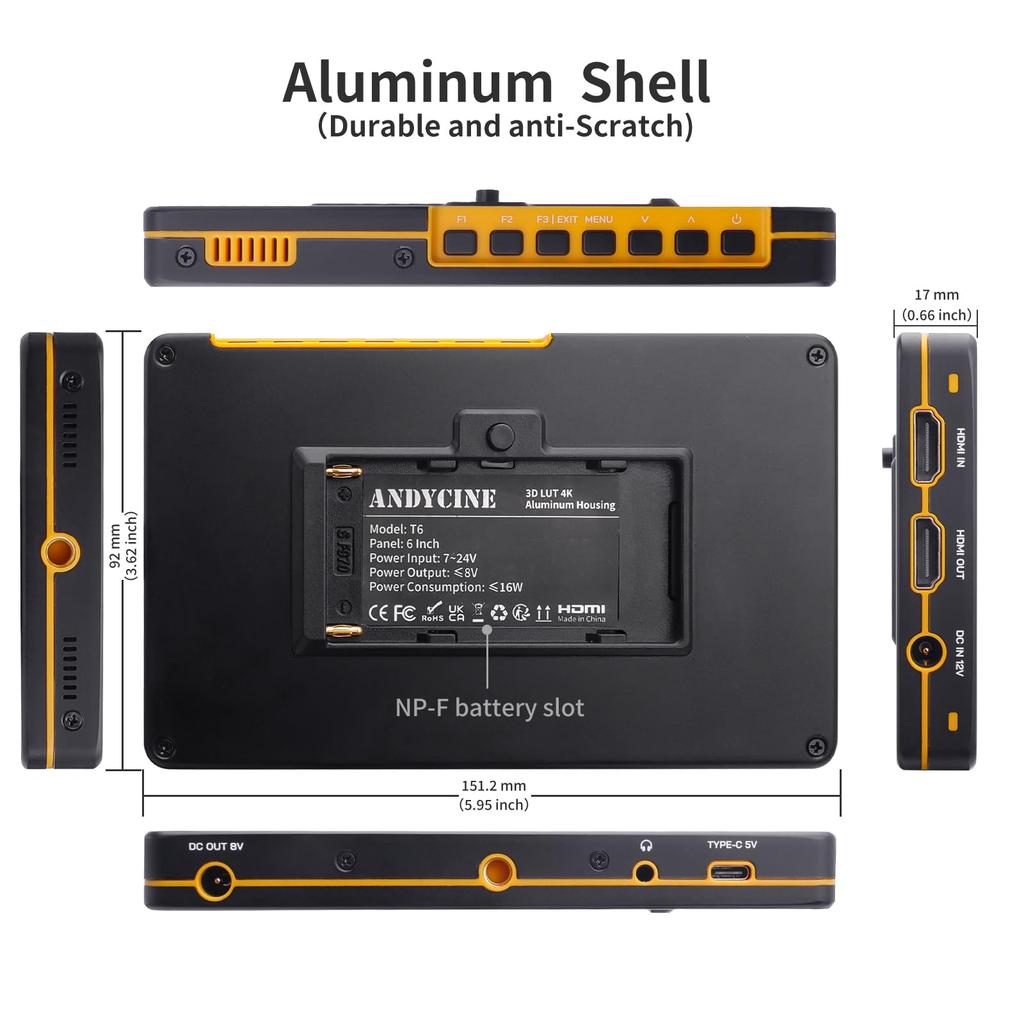 ANDYCINE T6 DSLR Video 1920x1080 Durable Aluminum 4K HDMI Full 3D LUTs Case 6-inch Monitor, Resolution, Shell, On-Camera Monitor, Waveform, (Carry