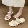 Evening Breeze Gentle Slippers Women's 2025 Summer New French Silver Sandals Seaside Beach Thick Heel Bow Women's Shoes
