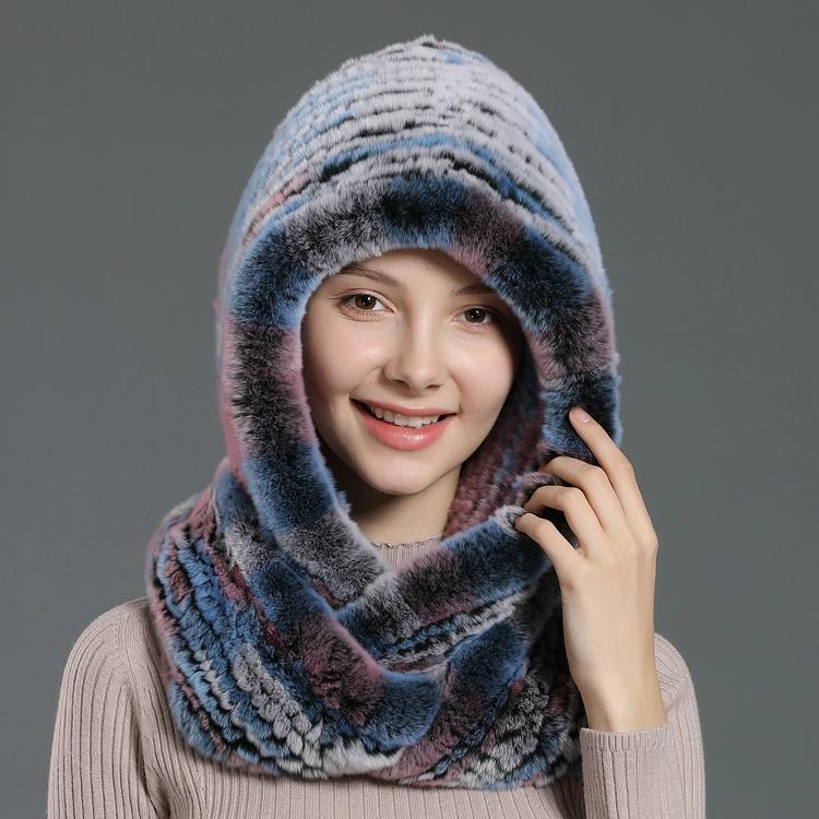 

Осенне-зимняя утолщенная вязаная шапка из кроличьего меха рекс женская теплая кроличья меховая шапка-шарф с капюшоном интегрированная двойного назначения One size