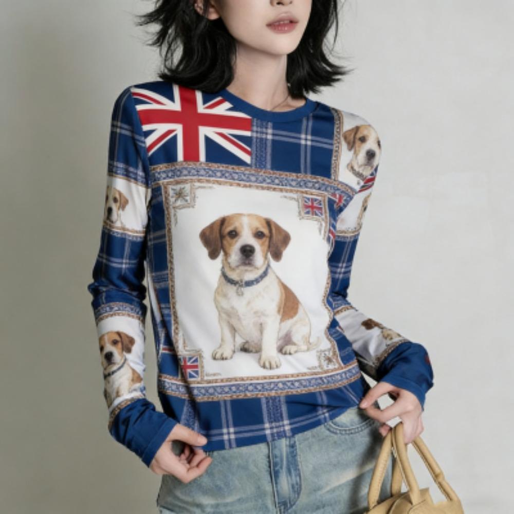 Europe America Fashion Animal Dog Print Women's T-shirt Casual Pullover Women Long Sleeve Clothing Outdoor Street Tees Top