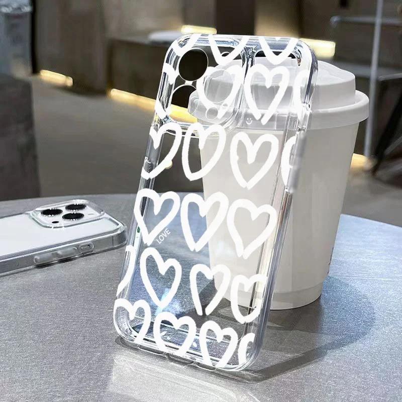 Cute Cartoon Love Heart Phone Case For iPhone 16 17 Air Pro Max 14 12 13 11 15 Case Mini 7 8 Plus Transparent Soft Cover