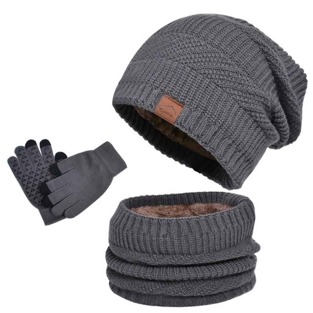 3pcs Wool Thermal Knit Cap Solid Color Winter Beanie Hat Hiking Hat Scarf Gloves Set Women/men