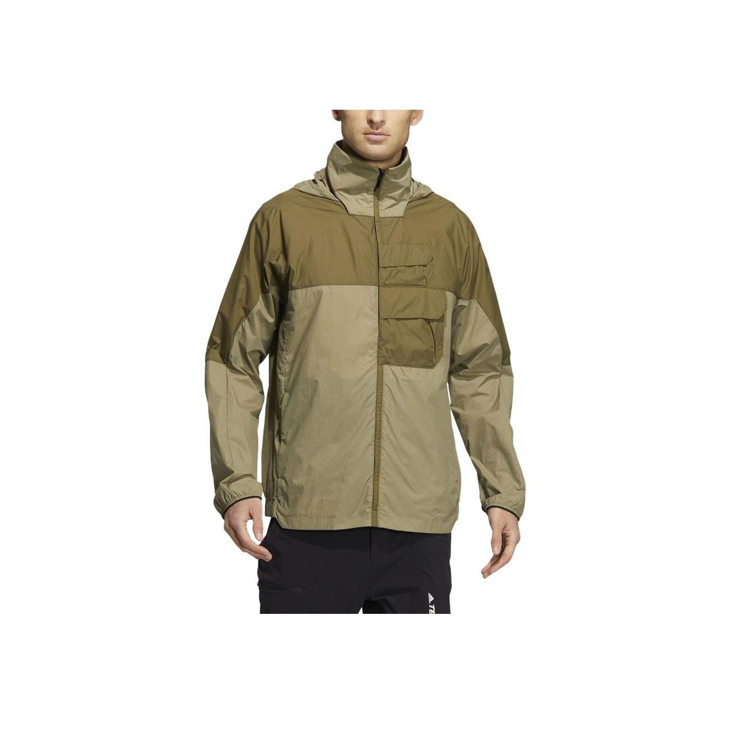 Adidas Color Block Logo Print Hooded Zip Long Sleeve Jacket Men Jacket Olive-Green HN4536
