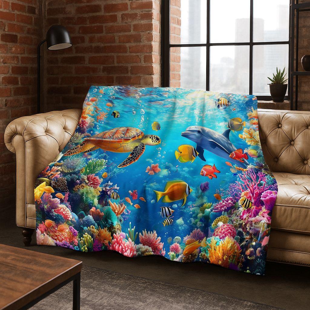 Dream Underwater World Sea Dolphin Turtle Coral Art Flannel Blanket,Cozy Soft Throw Blanket for Home Bedroom Bed Sofa Gift Kids