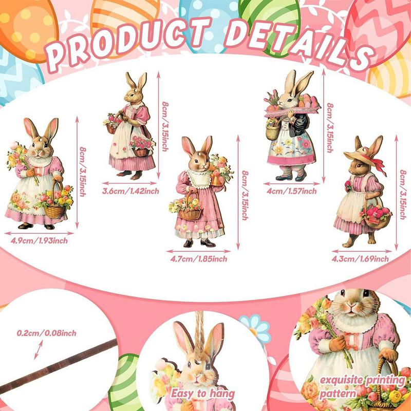 36pcs Easter Bunny Dangling Ornaments Retro Happy Easter Theme Wooden Tree Pendant Egg Rabbit Door Hangers Backdrop Decoration