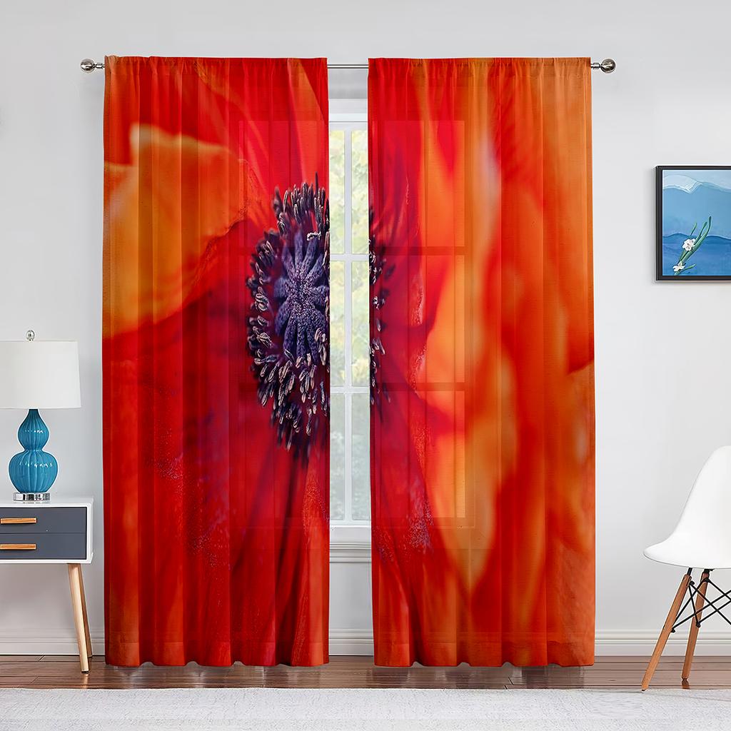 Poppy Flower Red Floral Sheer Voile Curtains for Living Room Bedroom Kitchen Tulle Window Curtain Home Decoration Chiffon Drapes