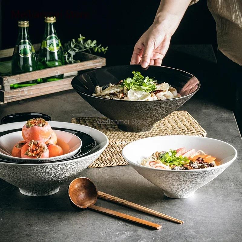 Svartvit keramikskål Stenkorn Lyxig Senior Bambu Hattskål Kommersiella Salladsskålar Hushålls Lamian Nudelskålar