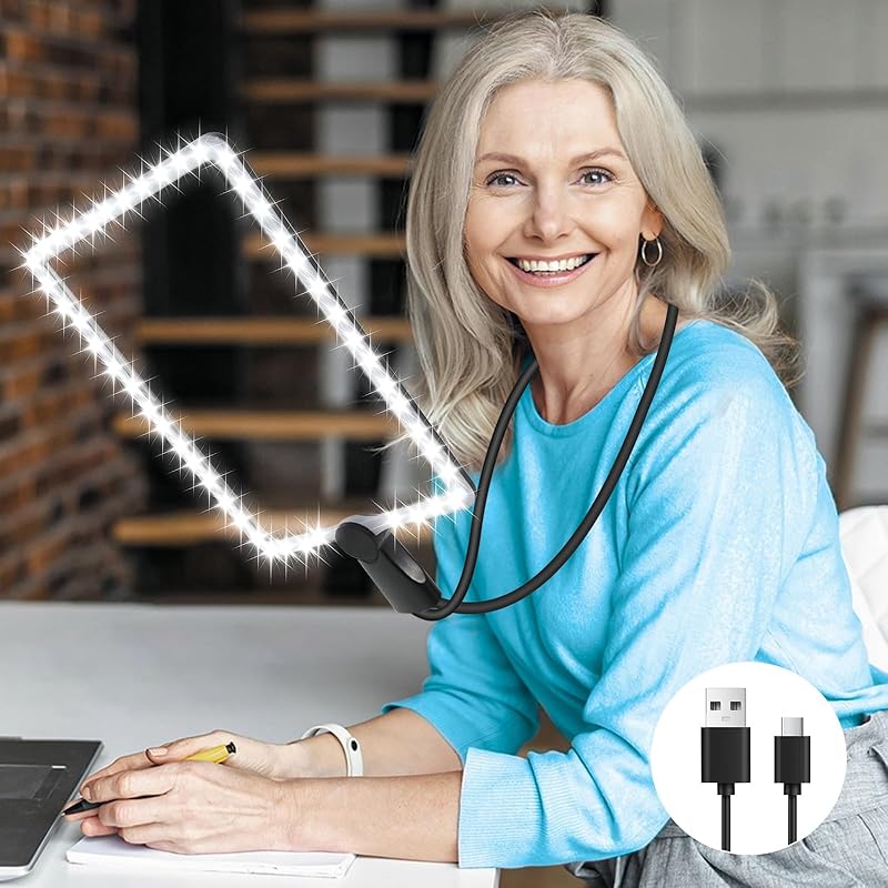 10X Large Reading Hands Free Magnifying Glass with Neck, Large Neck Wear Full Book Page Magnifier for Reading 50 LED Lights, Flexible Gooseneck