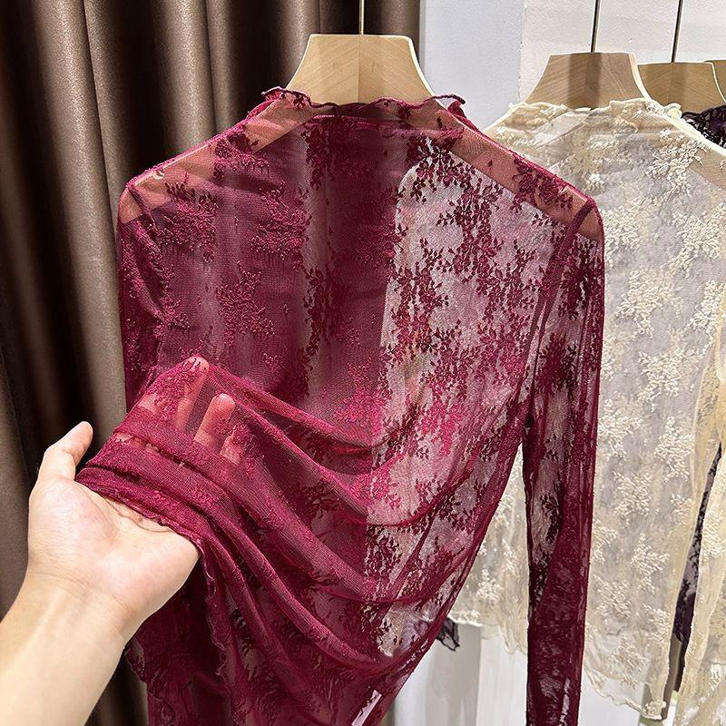 Dámský základní top s krajkou a síťovinou, vysoký límec - Podzimní stylový průhledný gázový svetr, vnitřní vrstva