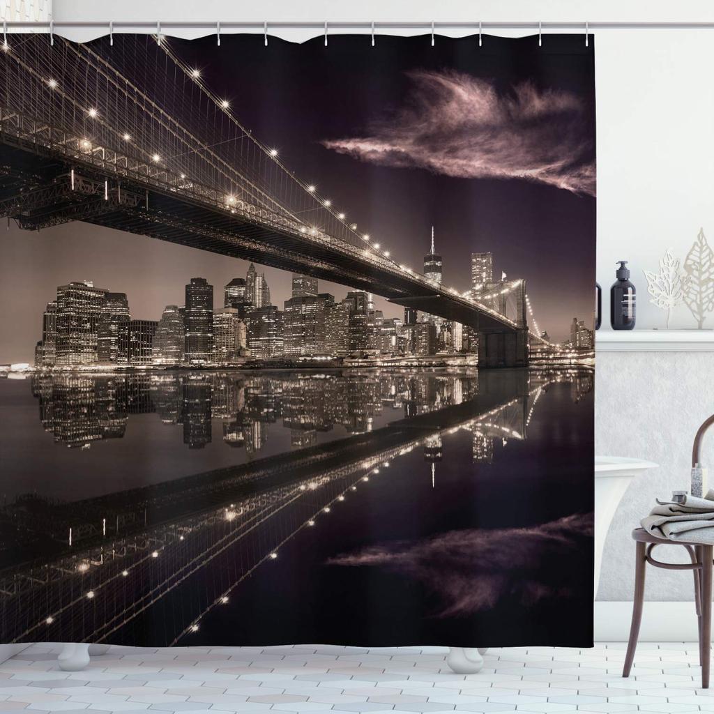 Cityscape Shower Curtain, Modern Skyscraper Skyline Famous Building Bathroom Curtain Waterproof Fabric Shower Curtain With Hooks