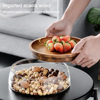 Piatto di Frutta in Vetro Scatola Porta Noci Ciotola per Dolci e Snack a Doppio Strato Contenitore per Frutta con Coperchio in Legno per Casa Cucina