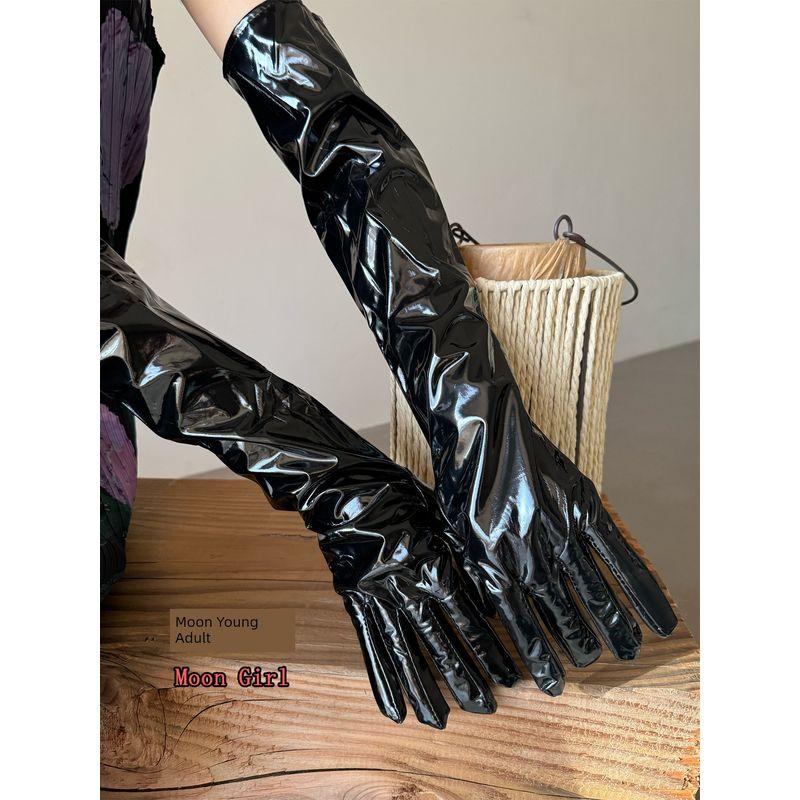 

Девушка Луны Яркая Кожа Удлиненные Перчатки Панк Хип-Хоп Клубное Выступление Пу Раздельный Размер Пара выше Локтя Патентные Кожаные Перчатки Black All yards
