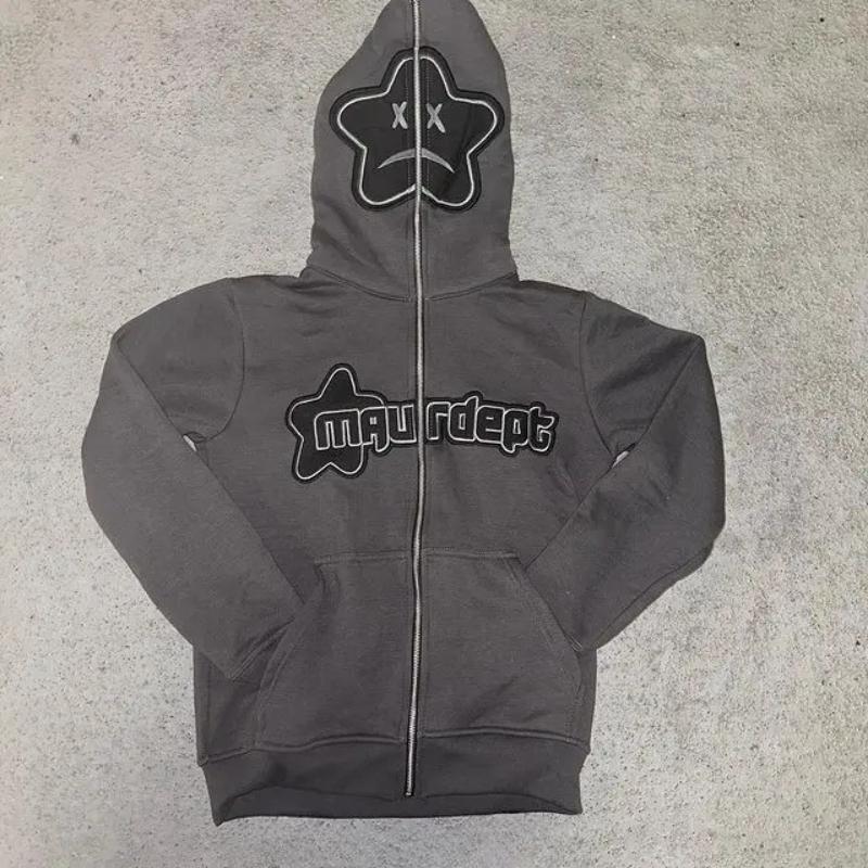 Осенне-зимний Y2K звездный принт повседневный персонализированный свободный кардиган с капюшоном для мужчин и женщин с капюшоном на молнии L серый 1990₽