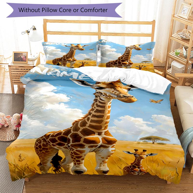 3pcs Custom Name Giraffe Bedding Set Duvet Cover Closure Includes 1 Duvet Cover & 2 Pillowcases, Soft and Comfortable for All Seasons.