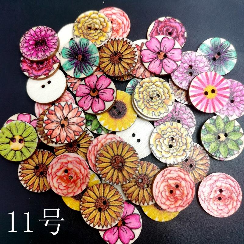 Wooden Buttons, Vintage Button Decorations, Children'S Painted Printed Diy Double-Hole Buttons, 100 Pieces Per Pack