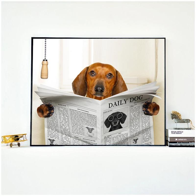 Dog Reading Newspaper Toilet Wall Art Canvas Prints Funny Dog Painting Wall Picture Home Bathroom Decor Dogs Lover Gift