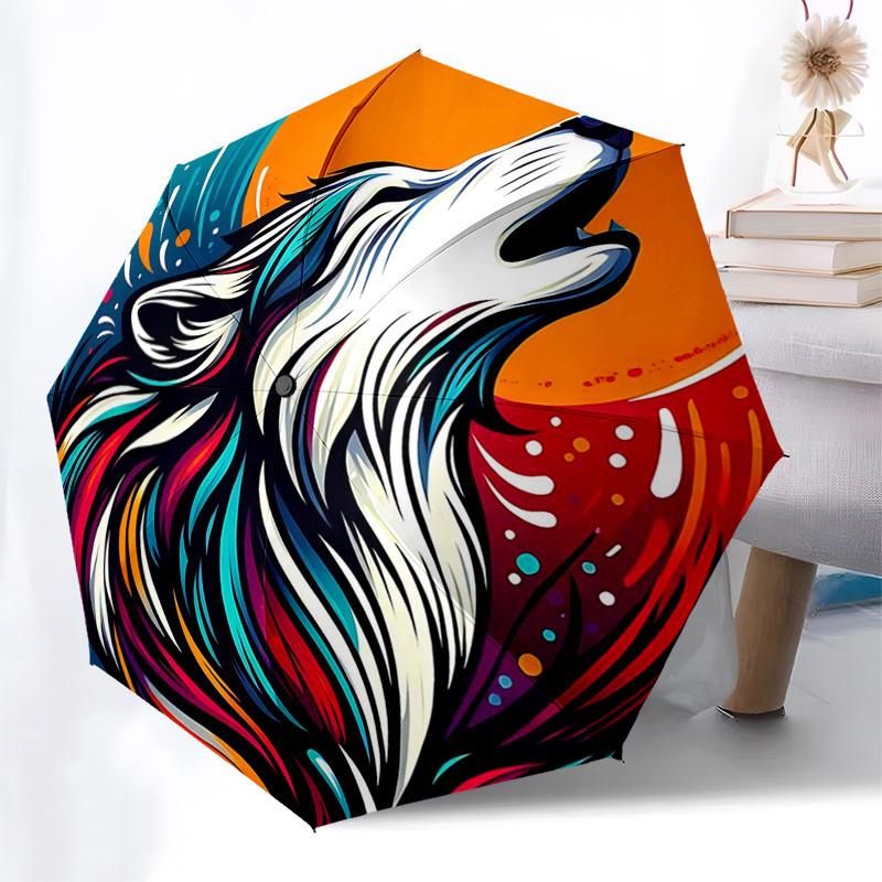 

1pc Colorful Wolf Howling Moon Automatic Folding Umbrella - Portable 3-Fold Design, 8-Rib Iron Frame Outdoor Umbrella, Ideal Gift for Fans, Travelers,