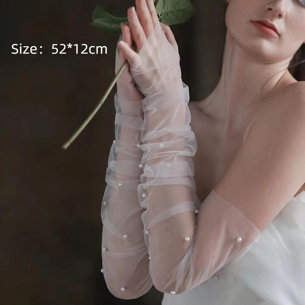 Pearls Wedding Fingerless White Gloves Transparent Mesh Arm Covers Elegant Bridal Gloves  Wedding