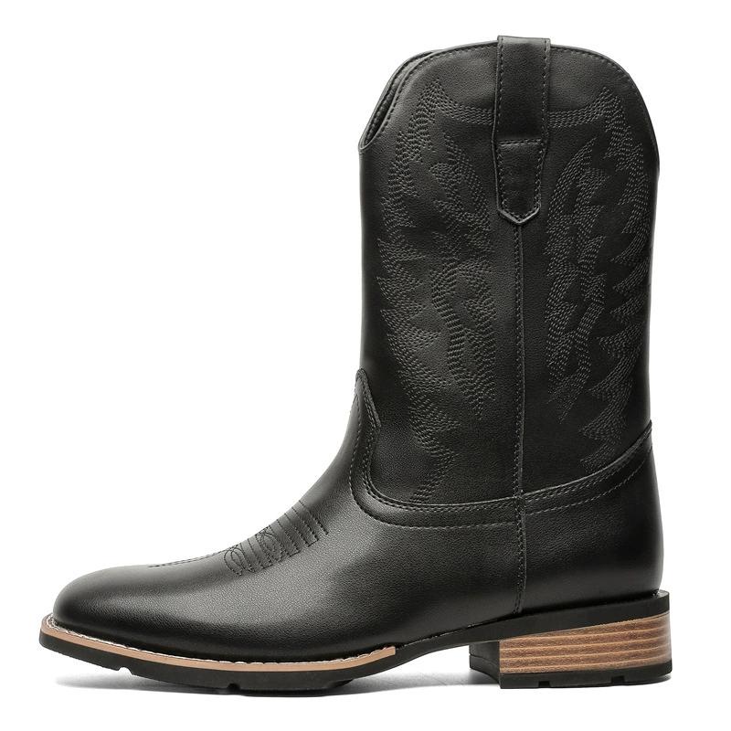 Fashion Vintage Embroidery Men's Cowboy Boots High Top Motorcycle Boots Men Shoes Fashion Square Toe Warm Boots